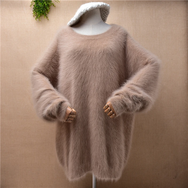 Elegant Casual Ladies Women Fall Winter Hairy Mink Cashmere Knitted Long Batwing Sleeves O-Neck Loose Pullover Jumper Sweater