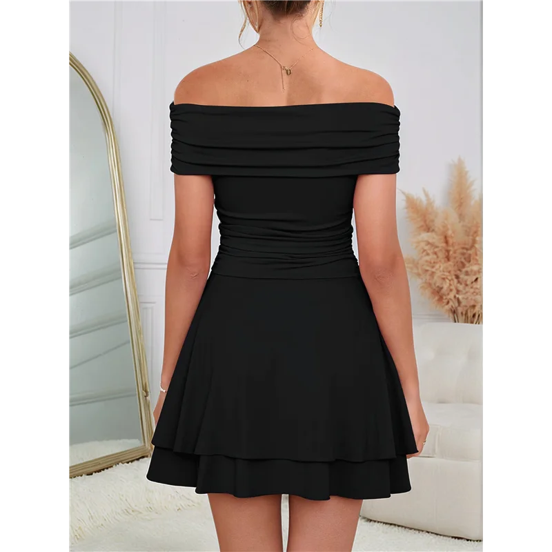 فستان ABRT-Women's Off the Shoulder قصير بحاشية مكشكشة ومشد قصير لحفلات الكوكتيل