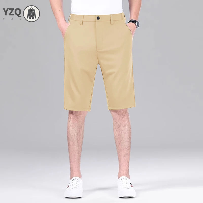 Men Outdoor Straight Knee Shorts Breathable Woven Fabric Fixed Waistband Front Zip Pocket Interview Daily Short Slacks