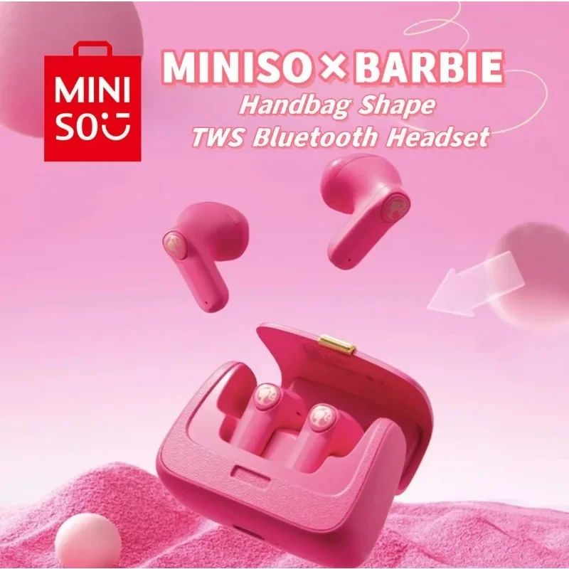 정품 MINISO 바비 시리즈 TWS 블루투스 헤드폰, 핑크 귀여운 크리에이티브 핸드백 모양 인이어 귀마개, 소녀 명절 선물