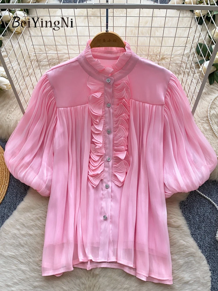

Beiyingni Summer Lantern Sleeve Shirts Female Solid Color Elegant Luxury Korean Women's Tops Breathable Workwear OL Satin Blusas