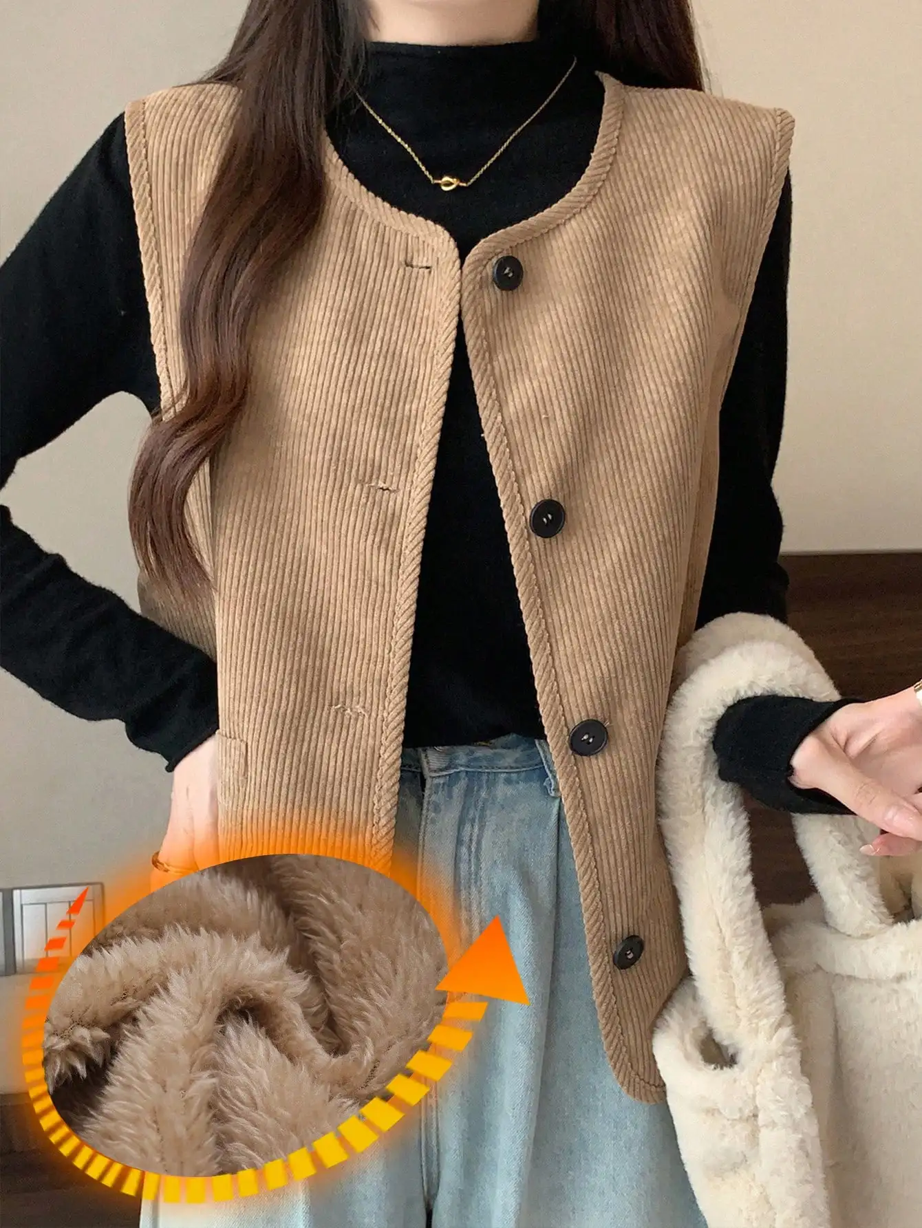 

Женский вельветовый жилет с подкладкой из искусственного меха, на пуговицах, повседневный свободный крой для осени и зимы