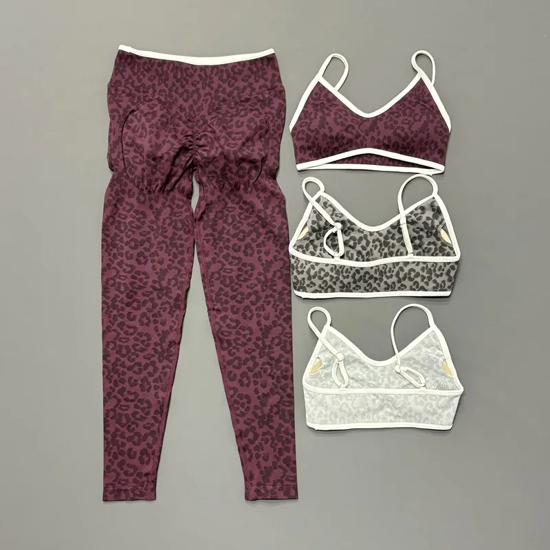 2Pcs Seamless Gym Set Leopard Print Thin Straps Sports Bra Breathable Leopard Tight Yoga Leggings Running Fitness Workout Sets