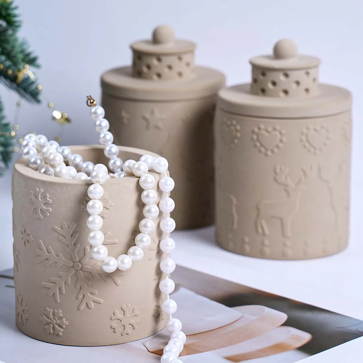 Weihnachten Dekor Kerze Glas Silikon Form DIY Schneeflocken Elch Weihnachtsbaum Zylinder Lagerung Box Formen Gips Harz Handwerk Machen