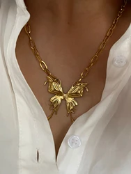 Peri'sbox Exaggerated Punk Big Butterfly Hollow Oval Flower Pendant Necklace for Women Stainless Steel Waterproof Fashion Gifts