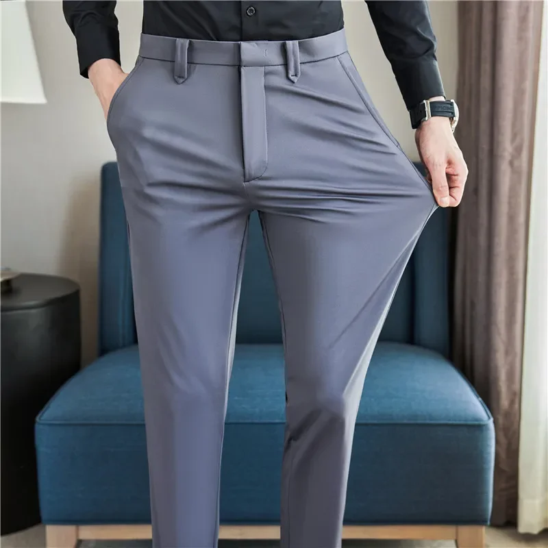 Mens takım elbise pantalonları pantolon 2024 yaz yeni ince nefes katı rahat yüksek elastik Slim Fit takım elbise pantolon Streetwear erkekler giyim