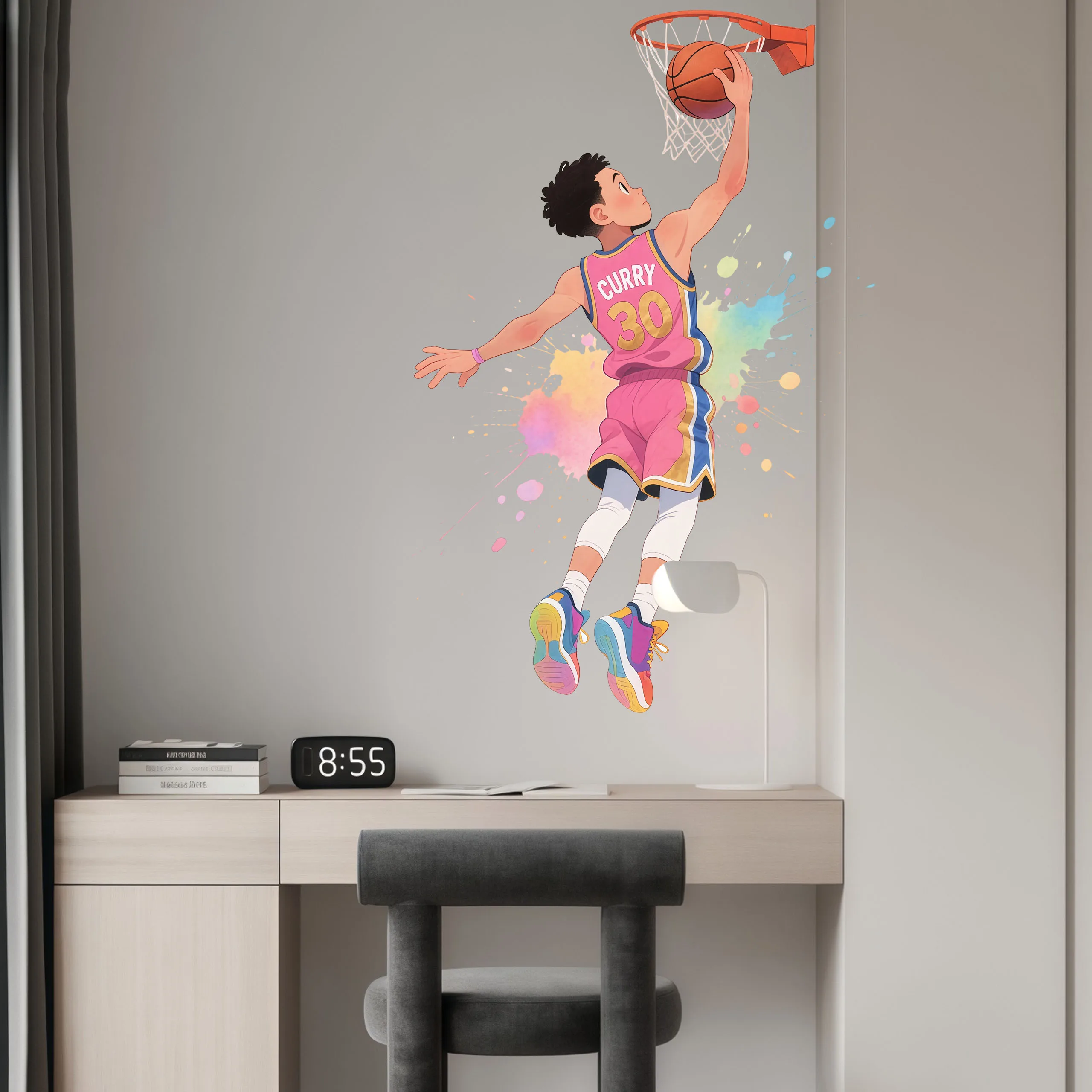 Selbstklebende Wandaufkleber im Aquarell-Stil mit dicker Tinte, aktiver Sport, für Raumdekoration für Jungen, Basketballspieler, Dunk 30-Spieler
