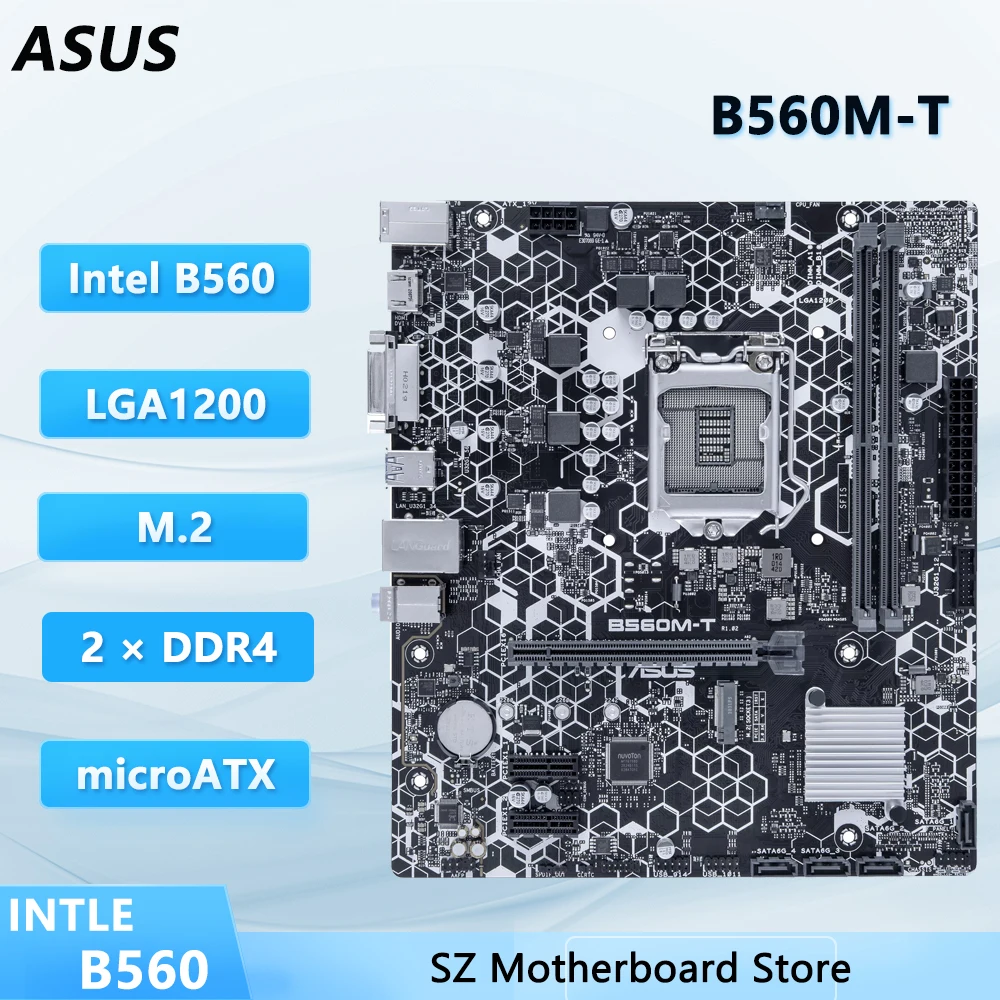 Placa base ASUS B560M-T Intel B560 LGA1200 DDR4 M.2 compatible con procesadores Core i3-10100F, Core i3-10300, Core i5-11500, Core i7-10700.