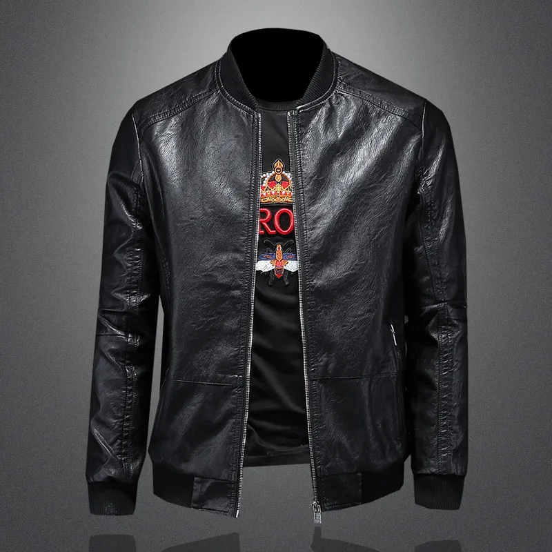 

Spring 2026 Men's Motorcycle Leather Jaet Slim Fit Trendy Haome Baseball Collar Anti-Vm Leather Coat Long Sve Zipper