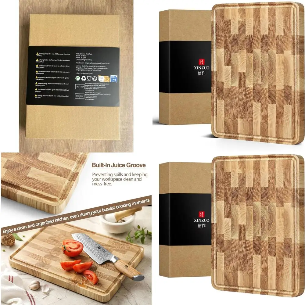 

13.8 x 9.8 Ash Wood End Grain Chopping Board with Handles, Juice Groove & Anti-Slip Feet