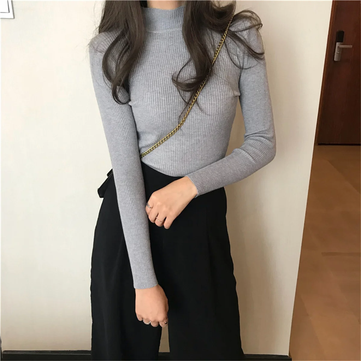 

Fashion Mock Neck Knitted Pullovers Women Autumn Winter New Solid Vintage Basic Tops Korean Slim Ribbed Sweater Casual Inner Top