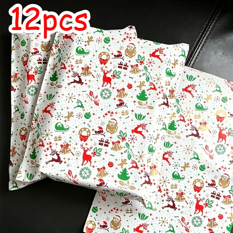 12Pcs Christmas Printed Poly Mailer Bags, Thick Self Adhesive Shipping Mailing Envelopes, Holiday Gift Packaging Bags for Clothi