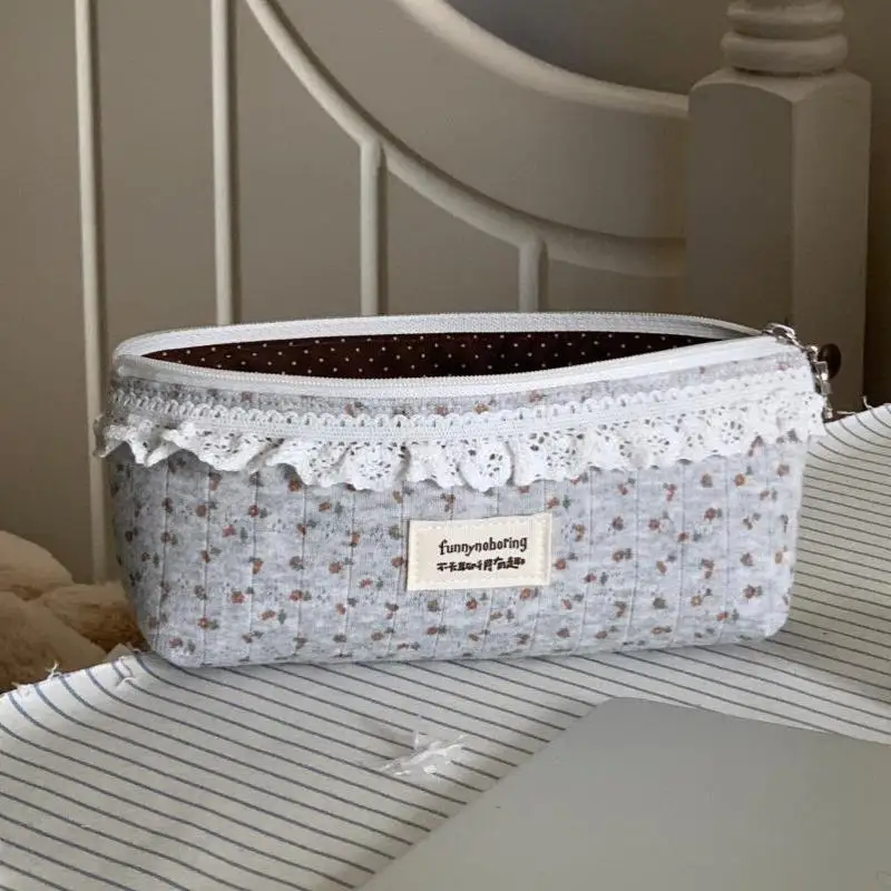 Hot Sale Multi Function Floral Grey Large Capacity Pencil Pouch Lace Trim School Office Stationery Supplies