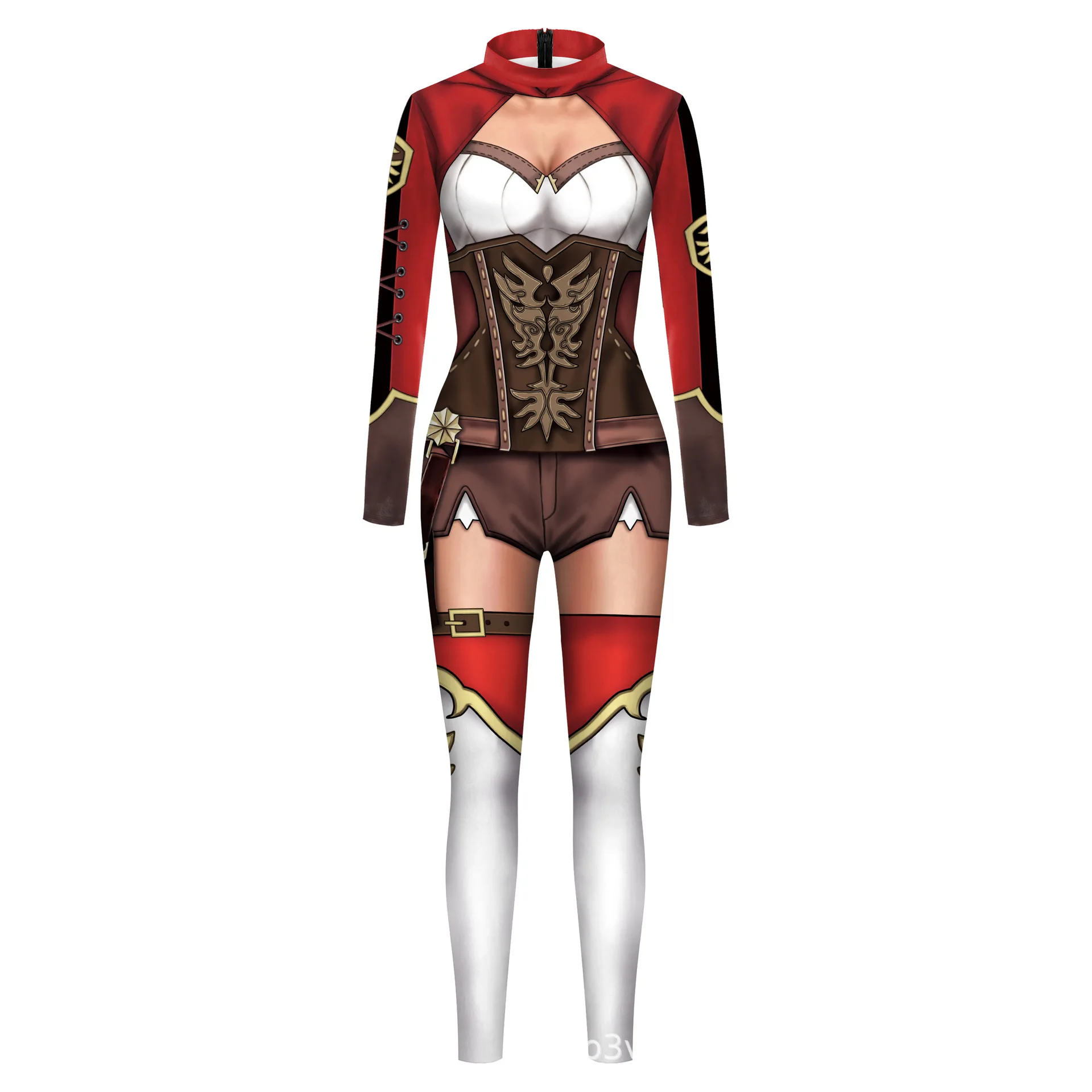 Halloween Sexy Damen Kostüm mit Digitaldruck, Karneval Bodysuit mit Reißverschluss, Party Cosplay Jumpsuit Outfit – Detail 24