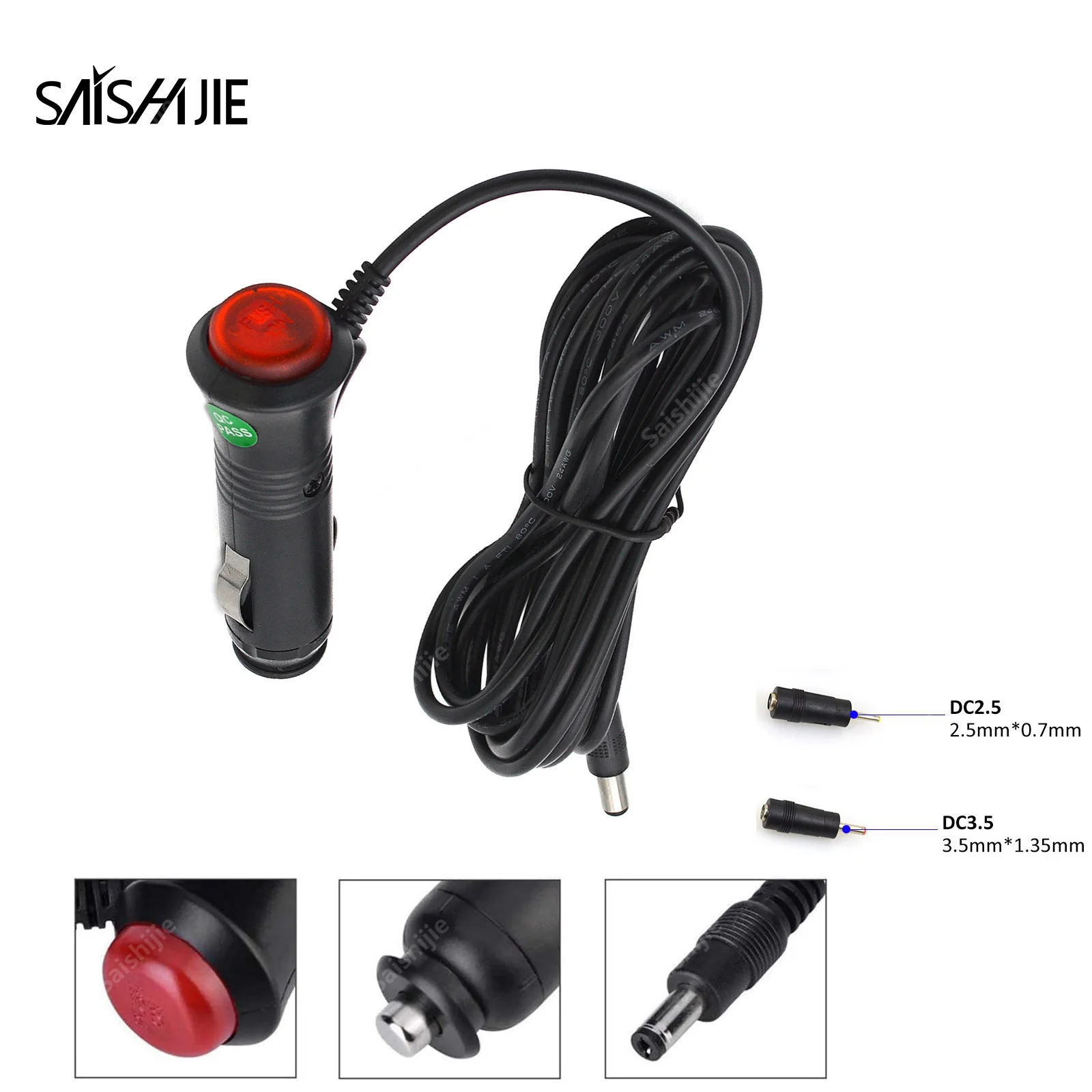 Car Charger Power Supply Cord Cigarette Lighter Male Plug to DC Connector 5.5 x 2.1mm Cable with Switch Button for Car Charger