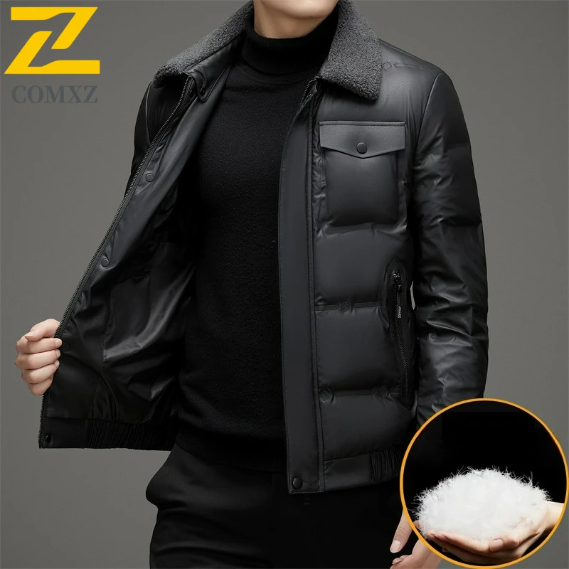 COMXZ Mens Short Down Jacket Fashion Detachable Fur Collar Travel Lightweight Leather Parka Leisure Office Windproof Winter Coat