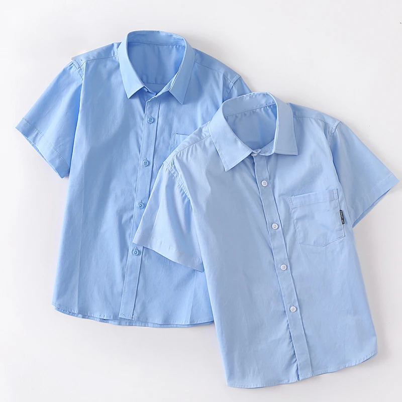 Summer Kids Blue Shirts for Girls School Uniform Blouses for Boy Short Sleeve Preppy Cotton Children Clothes Vestidos 8 10 14 Y