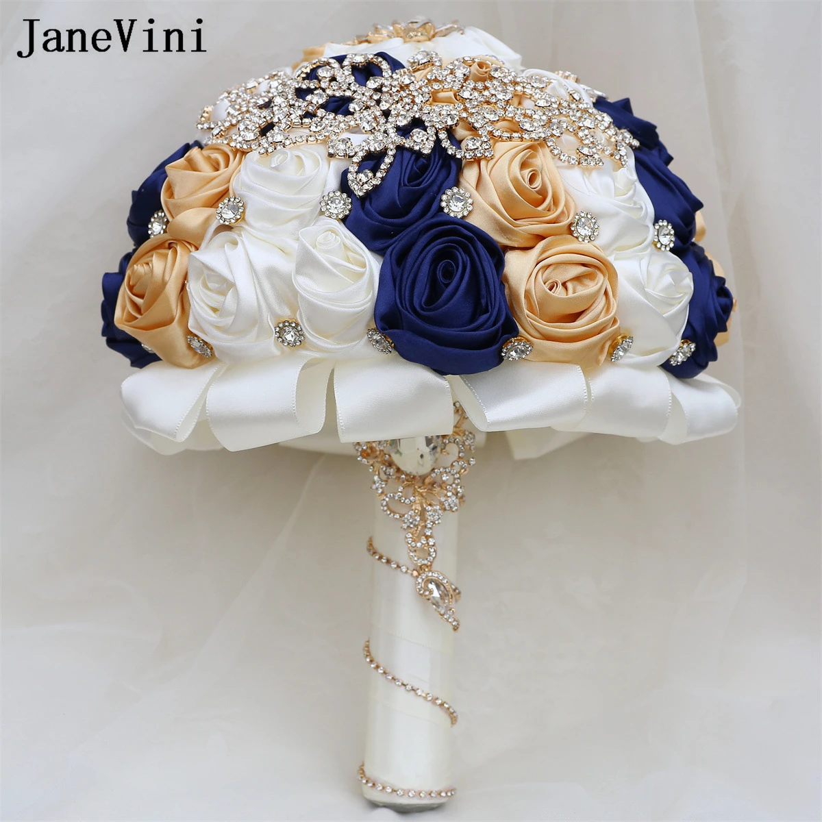 JaneVini Artificial Navy Blue Wedding Bouquets Ribbon Roses Luxury Gold Rhinestones Bridal Flower Bouquet for Wedding Decoration