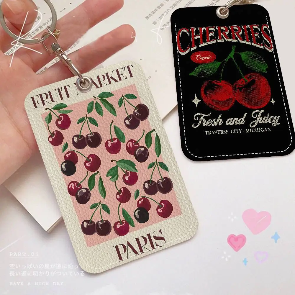 Cherry Simple Retro Classic Style Bank Card,Subway, Bus Card Holder Keychain Key Ring Door Access Tags ID Card Case Keychain