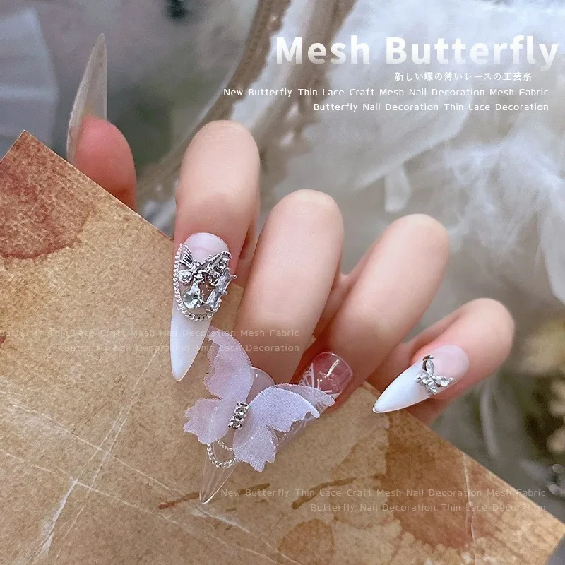 2Pcs double-layer tulle fairy butterfly nail charms, hot organza handmade rhinestone butterflies for delicate nail decorations
