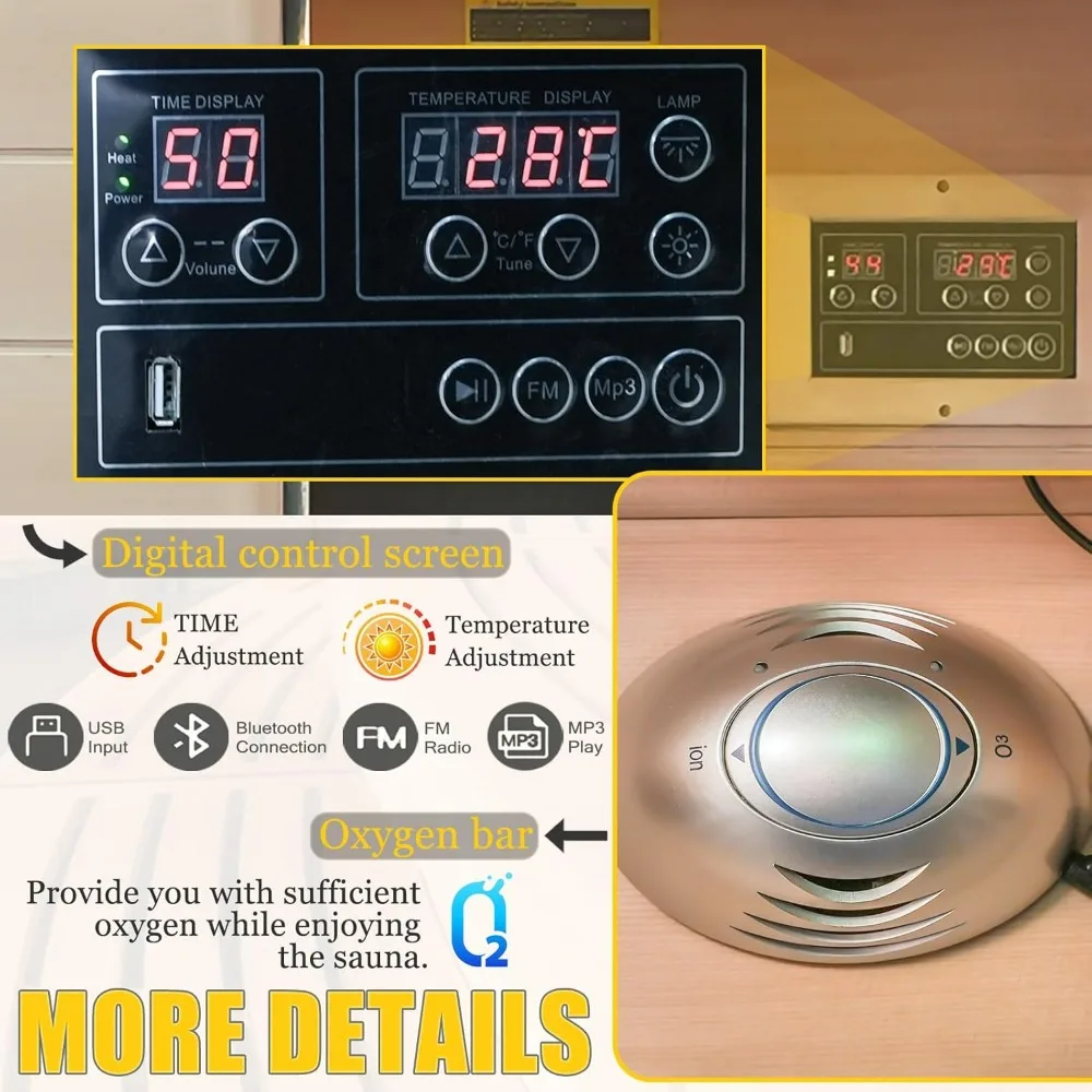 Sauna, Indoor 1 Person Hemlock Wood Dry Sauna Digital Controler Bluetooth Player, 5 Heating Panels, Home Far Infrared Sauna Room