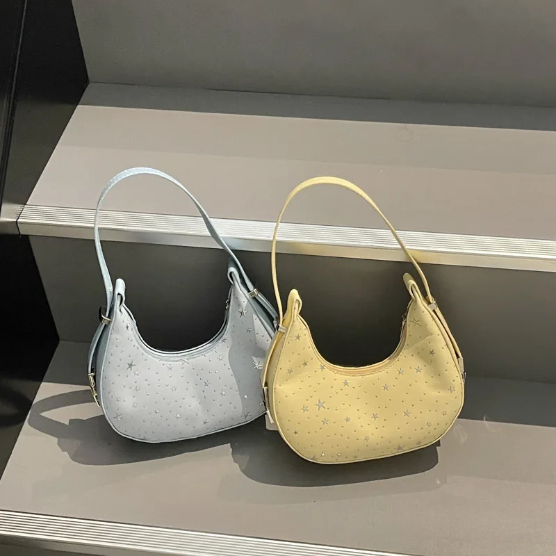 New Sweet Style Pleated Nylon Half Moon Hobo Bag Large Capacity Trendy Star Pattern Shoulder Handbag for Daily Commute
