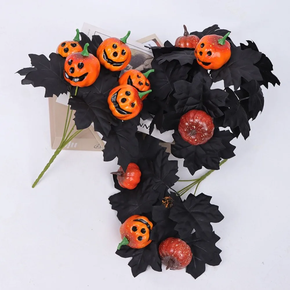 Halloween Simulation Pumpkin Bouquet Silk Black Leaf Fake Maple Leaf Pumpkin Bouquet Home Decoration Table Vase Decoration