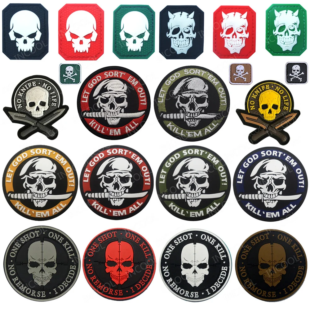 Skull Rubber Patches No Knife No Life Decorative Patch One Shot One Kill GOD Combat 3D PVC Embroidery