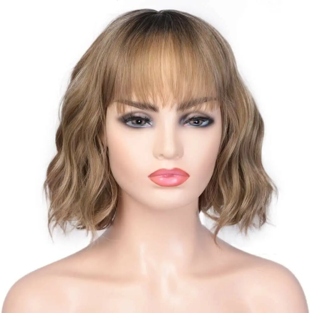 ENTRANCED STYLES Ligth Gold short wavy wing for Women with bangs synthetic