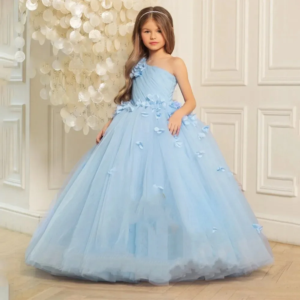 Flower Girl Dresses One Shoulder A Line Organza Winter Flower Sleeveless Christmas Gown with Pleat Princess Custom Formal Wear