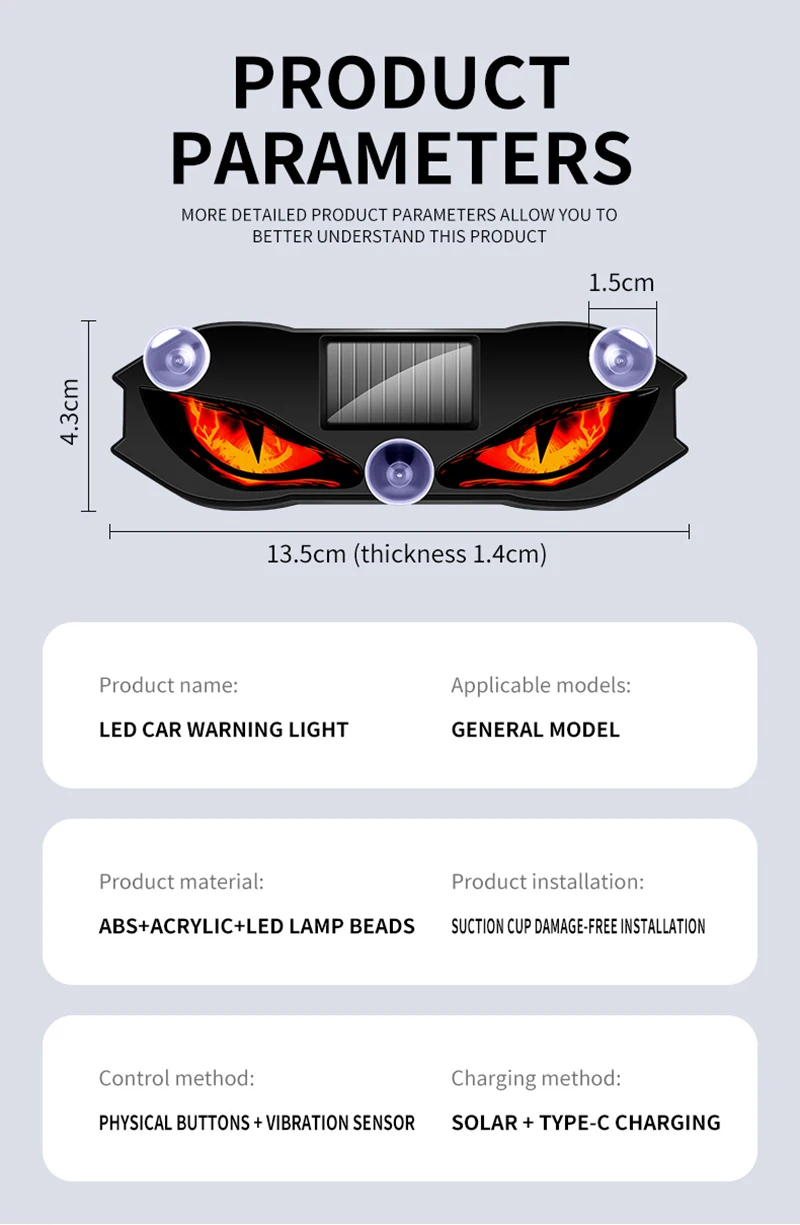 Solarbetriebene Auto-Dämonenaugenleuchte Coole Blinkende Warnleuchte Dynamische Sicherheits-Fahrzeugsignalleuchten Universal – Detail 10