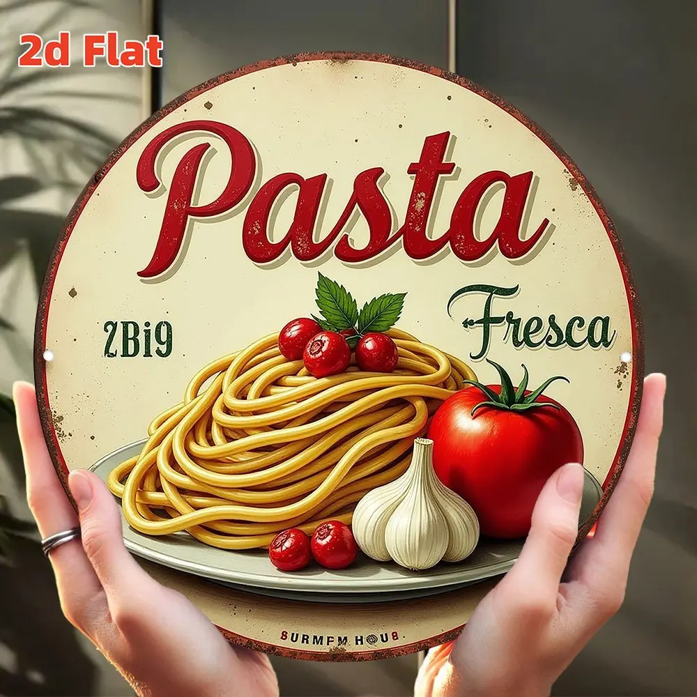 Mural de pasta italiana plano 2D, arte de pared de madera, decoración de cocina retro de madera circular, diseño de pasta, tomate cereza y ajo, 1 ud.