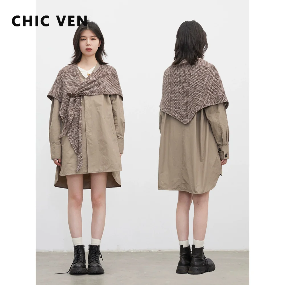 CHIC VEN Fashion Women Long Trench Coat Loose Casual Female Windbreaker with Knitted Shawl Korean Clothing Spring Autumn 2026