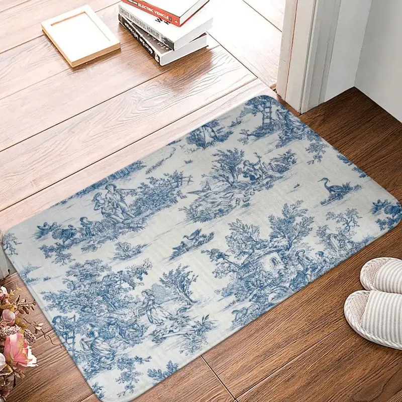 French Navy Blue Motifs Toile De Jouy Front Door Floor Entrance Mat Indoor Flora Kitchen Bath Doormat Garage Carpet Rug