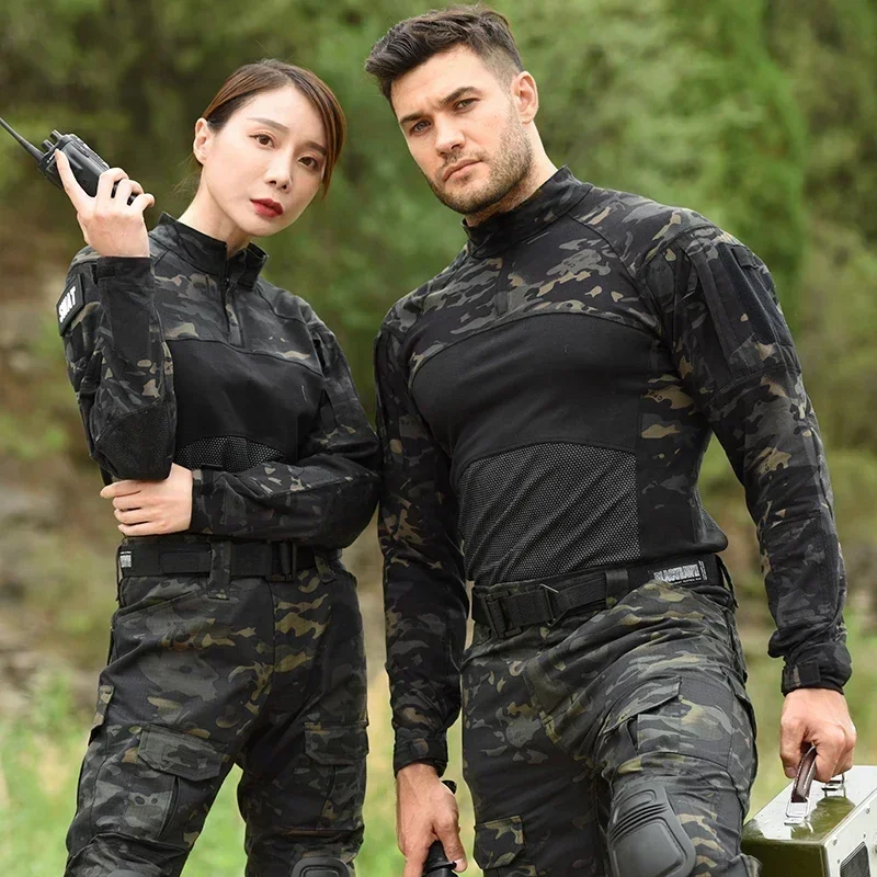 Outdoor Tactical Shirts Men Long Sleeve Tops Combat Shirt Camo 1/4 Zipper Ripstop Elasticity Hiking T-shirts Hunting Clothes