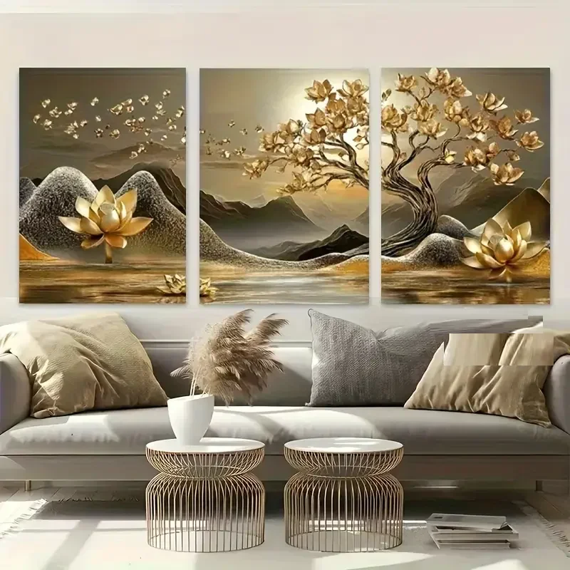 

Diy Diamond Painting 3pcs Golden For Lotus Tree Landscape 5D Full Mosaic Diamond Embroidery Home Decor Triptych