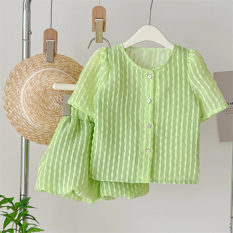 

Girls Summer Sets Solid Colour Kids Casual Suits Baby Trends Cool Outfits Children Fashion Single Breasted Tops+Shorts 2Pcs