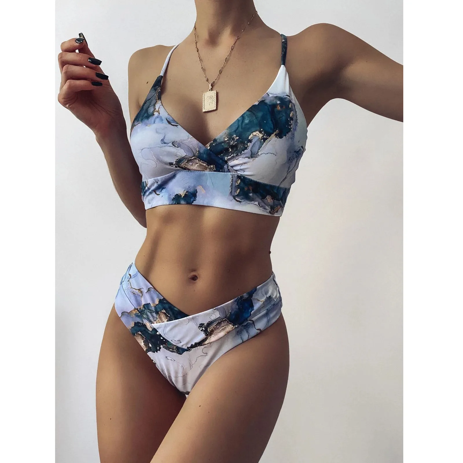 

2024 New Tie Dye Print Push Up Bikinis Women Sexy Marble Swimsuit Midi Waist Swimwear Woman Bathing Suit Summer Sport Beach Wear