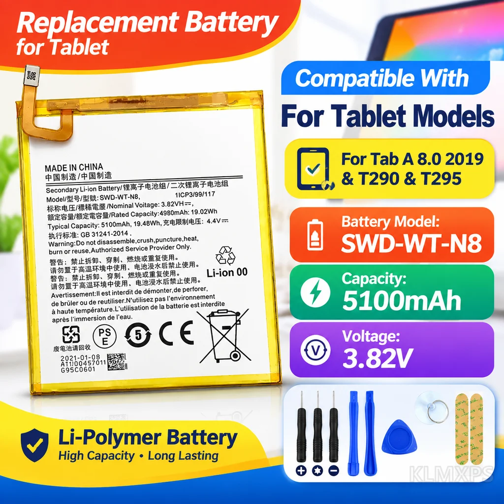 Tablet Replacement Battery SWD-WT-N8 5100mAh Lithium Polymer For Samsung Galaxy Tab A 8.0 2019 T290 T295 With Repair Tools