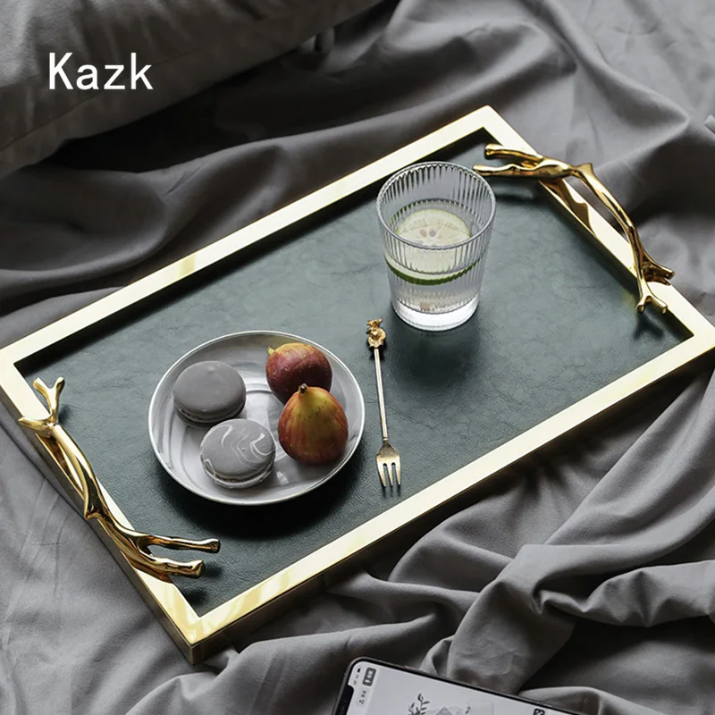 Golden Frame Leather Trays Decorative with Handle Household Wine Set Cup Storage Tray Living Room Decoration Coffee Table Tray