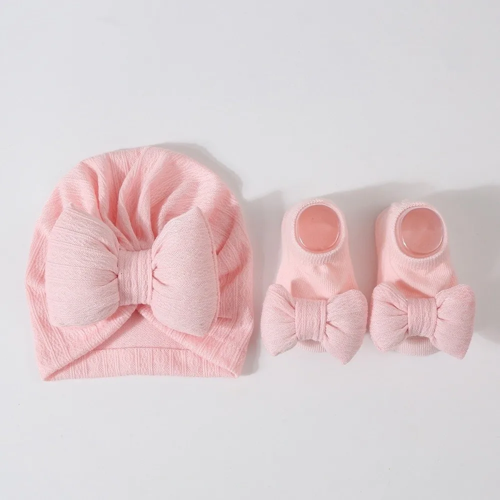 

3Pcs/Set Cute Bow Baby Hat Socks Set Cotton Solid Color Baby Fetal Cap Windproof Elastic Newborn Turban Hat Spring