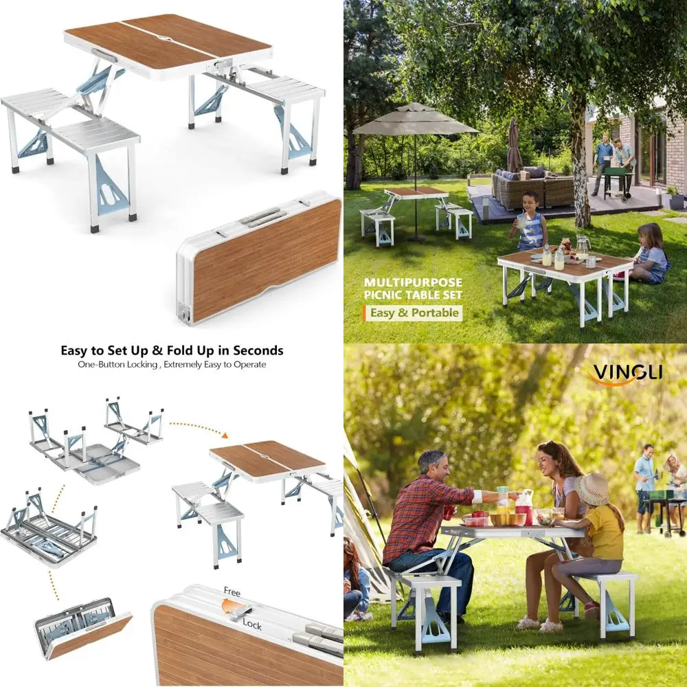 

Folding Lightweight Camping Picnic Table Set with 4 Seats and Umbrella Hole - Supports 220 Lbs, Aluminum Construction for Outdoo