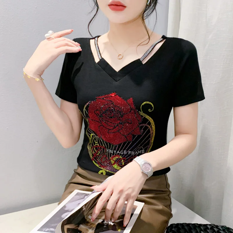 New 2024 Summer Short Sleeved V-Neck Black Mesh Tops Elegant Slim Hot Drilling Women's T-Shirt Blusas