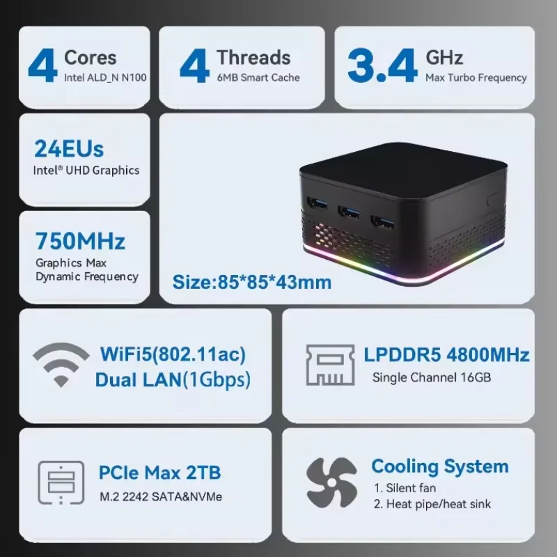 T9 PRO Intel Alder Lake-N100 Quad Core Mini PC Win 11 16G DDR5 1TB SSD Dual Gigabit Ports 4K Triple Output Desktop Convenient pc