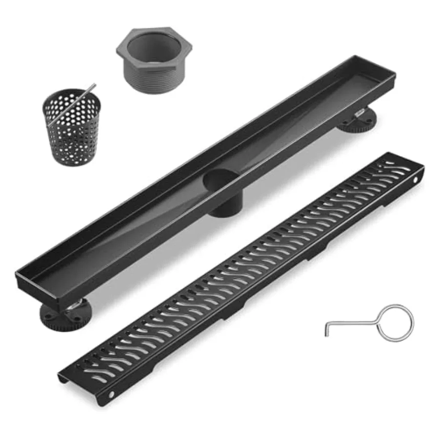 

Душевой трап AR 28H с матовой черной крышкой и съемным узорчатым декоративным элементом, из нержавеющей стали 304, прямоугольный, для сбора волос и грязи, с регулируемыми ножками