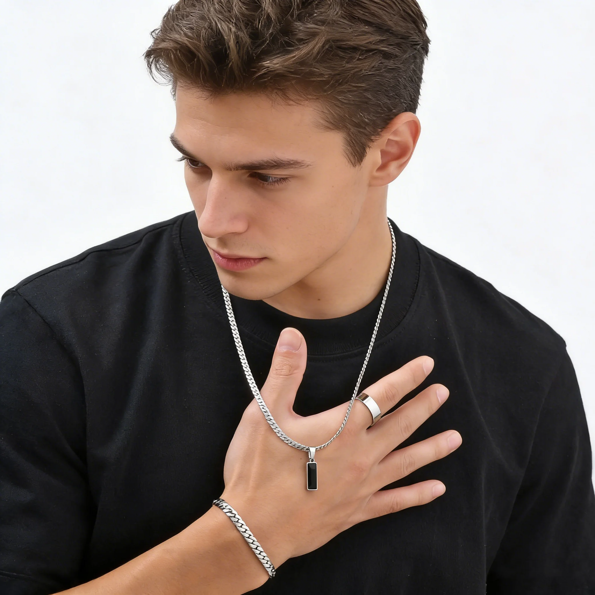 Herren-Schmuckset mit geometrischem quadratischem Anhänger, schlichter flacher kubanischer Kette, Armband und Ring, trendiger Hip-Hop-Schmuck aus Edelstahl