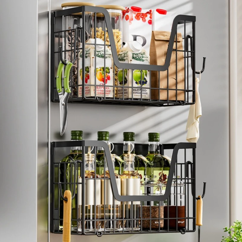 

New model Magnetic refrigerator hanger foldable refrigerator side plastic wrap seasoning storage basket kitchen magnetic rack