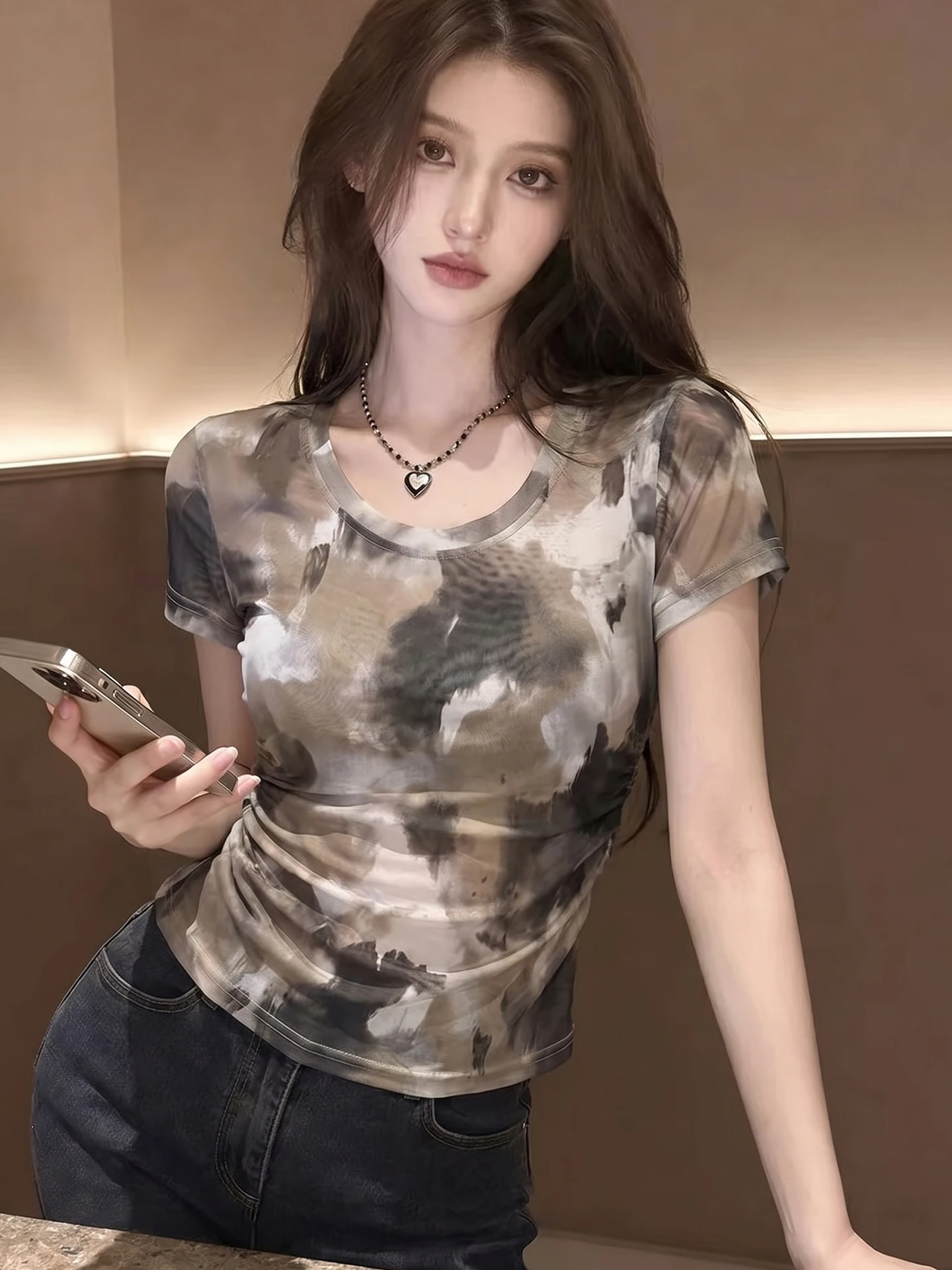 

Slim Fit Short Sleeve T-Shirt Women's Fashionable Color Block Design Summer New Style Korean Style round Neck Top for Ladies