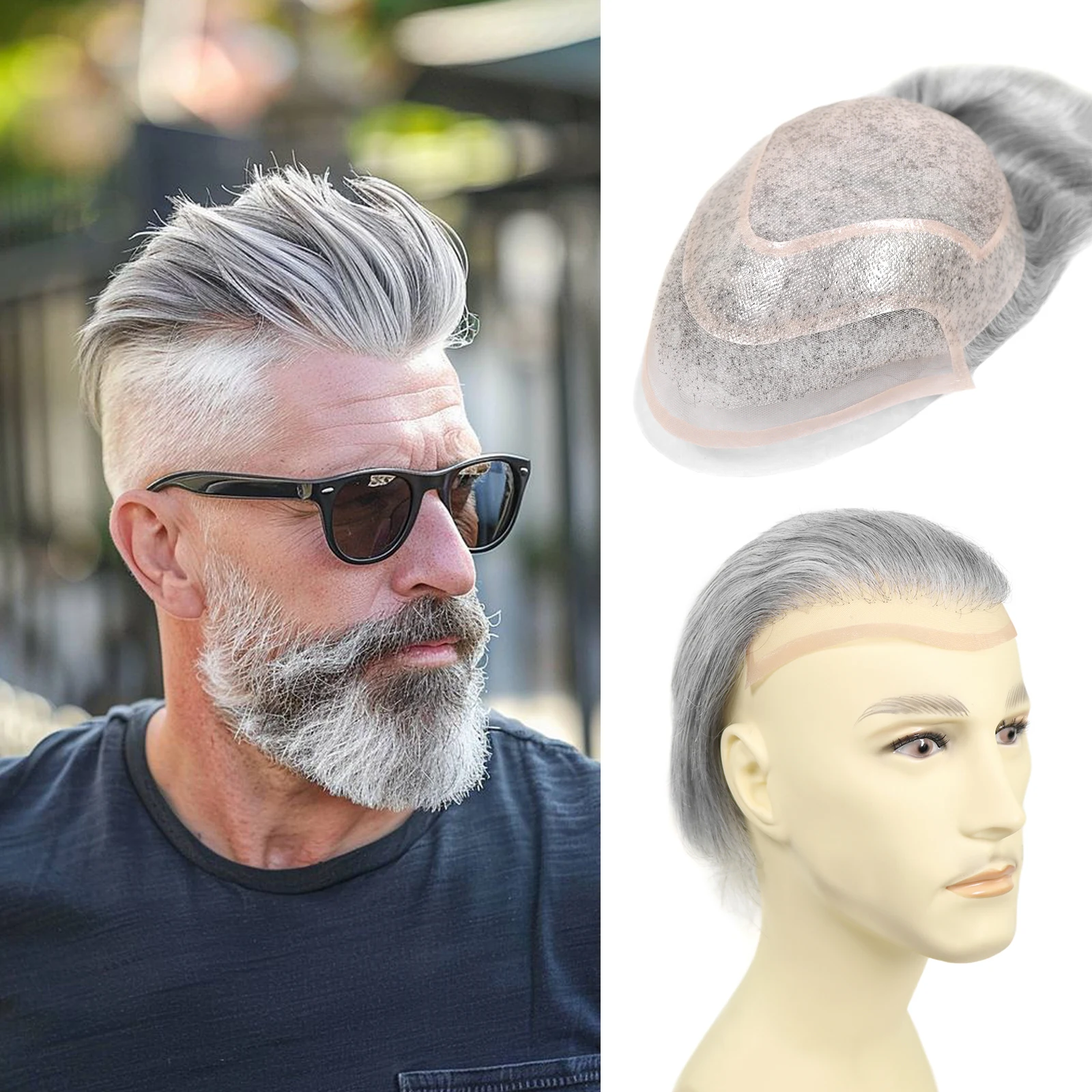 رمادي الرجال هيربيسي 1B80 الدانتيل الجبهة أحادية بولي Toupee الشعر المستعار 8X10 بوصة باروكة من شعر طبيعي نظرة الذكور استبدال الشعر الاصطناعي نظام