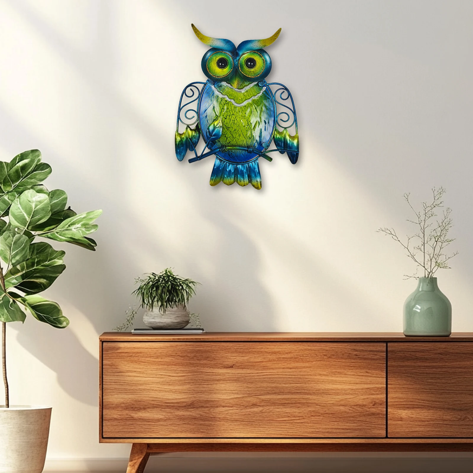 Metal Owl Wall Decor - Outdoor Wall Art - Glass Hanging Garden Owl Decor for Patio, Porch or Door, Owl Gifts